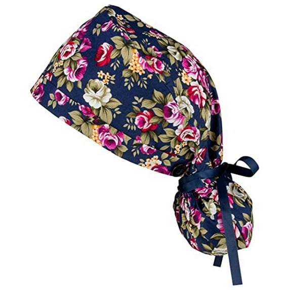 Lolmot Long Hair Working Cap with Buttons and Sweatband Adjustable Ribbon Tie Back Hat Print Bouffant Scrub Cap Turban Caps