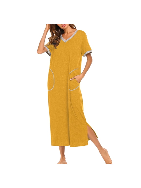 Lolmot Long Nightgowns for Women Ultra-Soft Short Sleeve Nightshirt Outer Wearing Sleepwear with Pocket