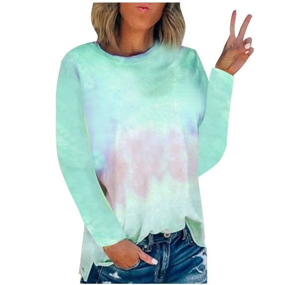 Lolmot Long Sleeve Shirts for Women Fashion Tie Dye O Neck Blouses Tops Casual Gradient Color Loose Fit Summer Fall Basic Sweatshirt
