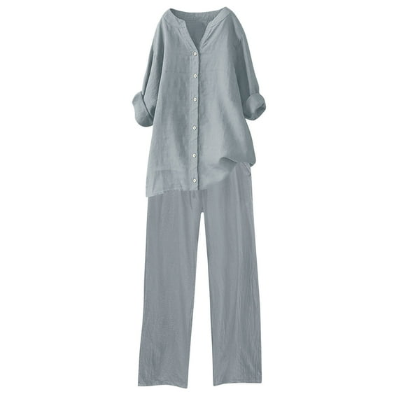 Lolmot Lounge Sets for Women Dressy Casual Two Piece Outfits Summer Plus Size Long Sleeve Button Down Shirts & Wide Leg Palazzo Pants Set