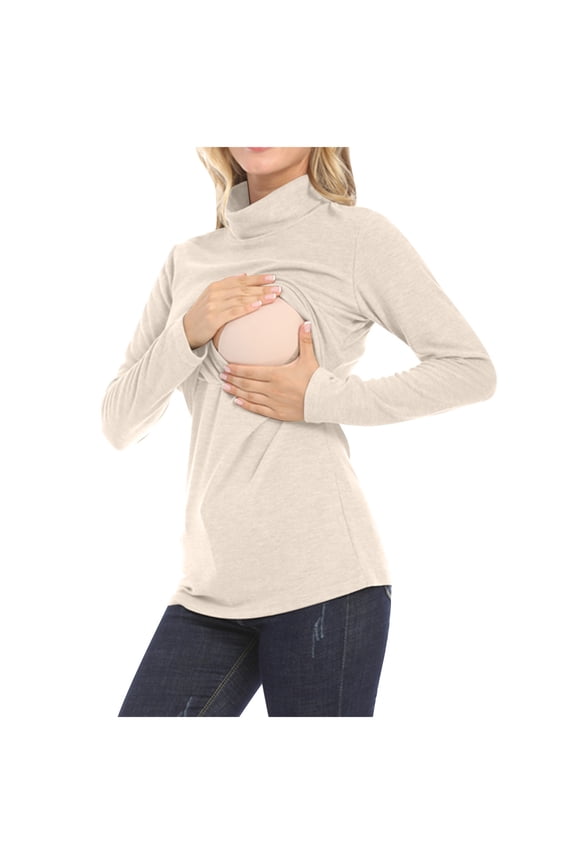 Maternity Mock Turtleneck Long Sleeve Breastfeeding Shirts Stretch Solid Color Basic Layering Slim Fit Pregnancy Thermal Tops Nursing Tops Tees