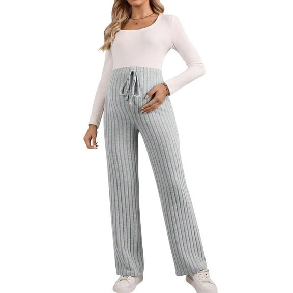 Lolmot Maternity Pants for Women Casual Adjustable High Waist Solid Ribbed Knit Pants Trousers Lounge Palazzo Pants