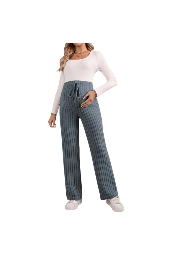 Lolmot Maternity Pants for Women Casual Adjustable High Waist Solid Ribbed Knit Pants Trousers Lounge Palazzo Pants