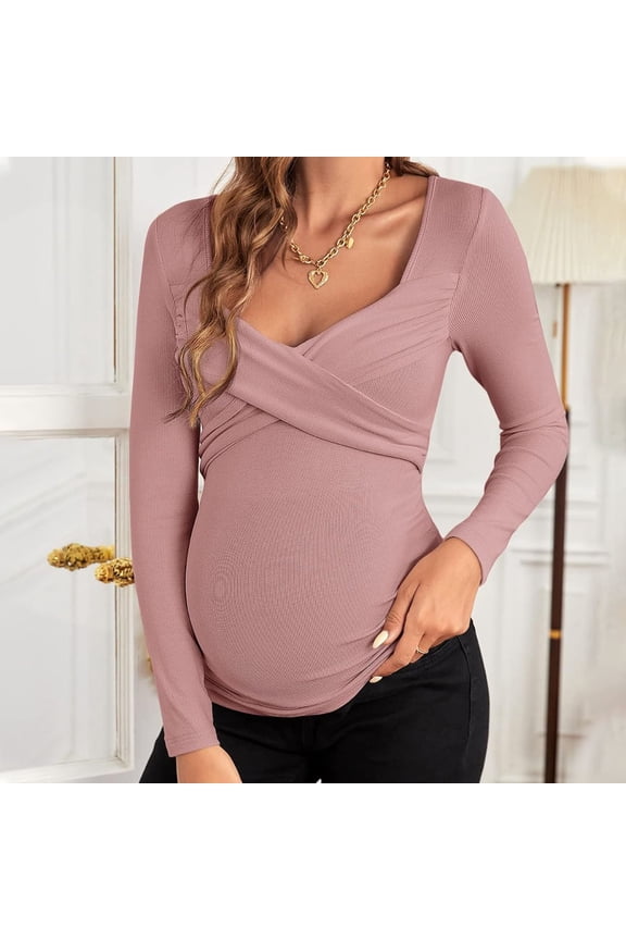 Maternity T Shirts Women Nursing Tops for Breastfeeding Long Sleeve Pregnancy Tee Wrap Cross Over V Neck Blouses Postpartum Clothes