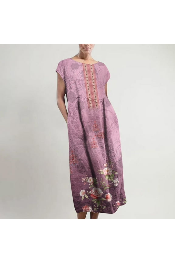 Maxi Dress for Women Shirt Dress Retro Print Cotton Linen Plus Size O-Neck Sleeveless Pockets Kaftan Baggy Long Casual Vest Dresses
