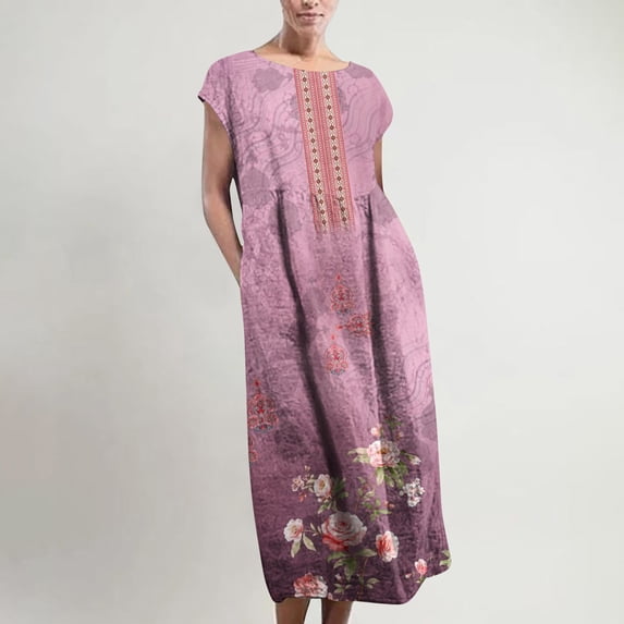 Lolmot Maxi Dress for Women Shirt Dress Retro Print Cotton Linen Plus Size O-Neck Sleeveless Pockets Kaftan Baggy Long Casual Vest Dresses