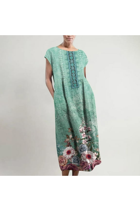 Maxi Dress for Women Shirt Dress Retro Print Cotton Linen Plus Size O-Neck Sleeveless Pockets Kaftan Baggy Long Casual Vest Dresses