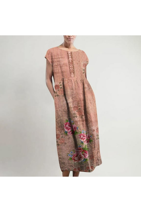 Maxi Dress for Women Shirt Dress Retro Print Cotton Linen Plus Size O-Neck Sleeveless Pockets Kaftan Baggy Long Casual Vest Dresses