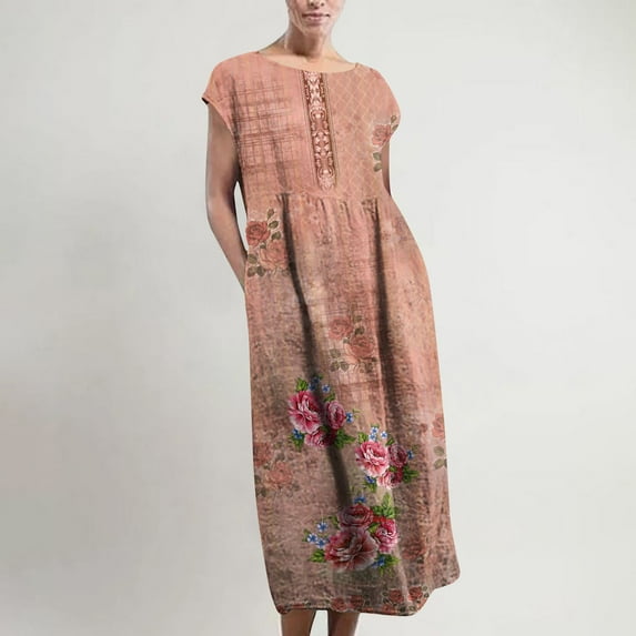 Lolmot Maxi Dress for Women Shirt Dress Retro Print Cotton Linen Plus Size O-Neck Sleeveless Pockets Kaftan Baggy Long Casual Vest Dresses