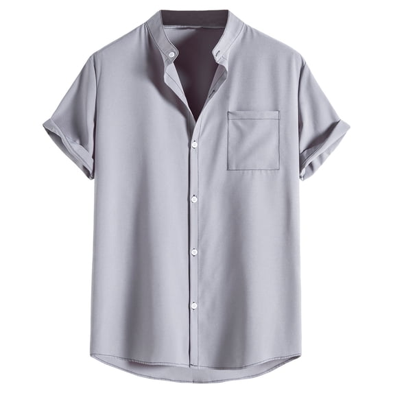 Lolmot Men's Casual Cotton Linen Solid Color Shirt Band Collar Short Sleeve Button Down Pocket Beach Summer Shirts