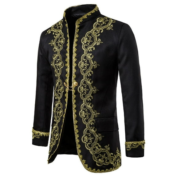 Lolmot Men's Court Prince Gold Embroidered Uniform Wedding Party Dinner Dress Jacket Blazer Tuxedo Long Sleeve Stand Collar Gothic Jacket Punk Outwear Coat