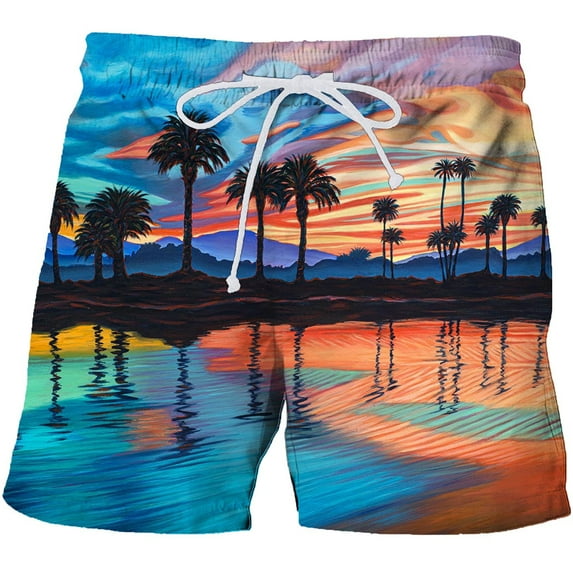 Lolmot Men's Elastic Quick Dry Drawstring Swim Trunks Hawaiian Vacation Sunset 3D Digital Printed Summer Breathable Beach Shorts