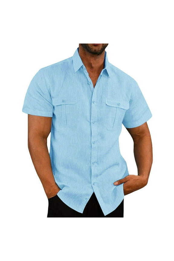 Lolmot Men's Fashion Vacation Casual Solid Colour Cotton Linen Double Pocket Shirts Summer Short Sleeve Button Down Shirt