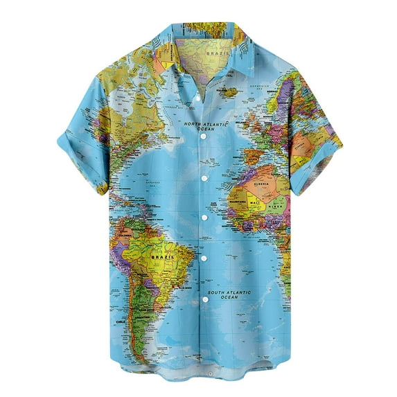 Lolmot Men's Hawaiian Button Down Shirt Short Sleeves Map Printed Summer Beach Casual Shirts