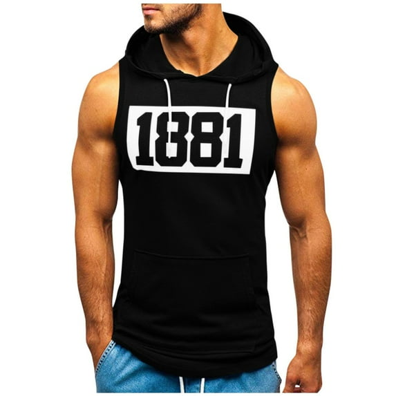 Lolmot Men's Tank Top Sport Fitness Muscle Print Sleeveless Hooded Bodybuilding Tops with Pocket Summer Tight-Drying Tops Hoodies Male Vest