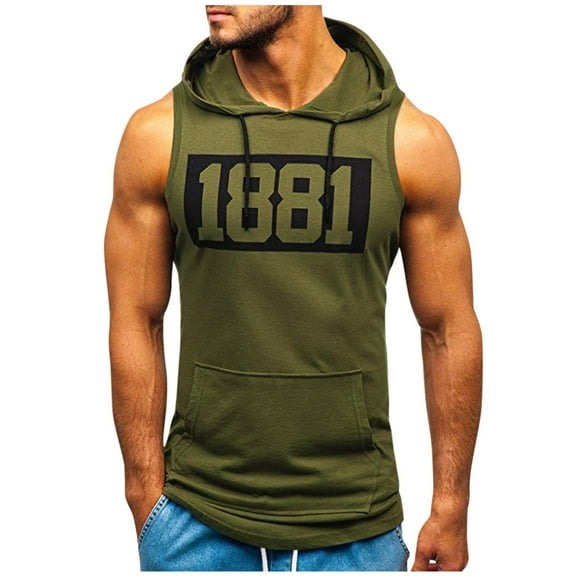 Lolmot Men's Tank Top Sport Fitness Muscle Print Sleeveless Hooded Bodybuilding Tops with Pocket Summer Tight-Drying Tops Hoodies Male Vest