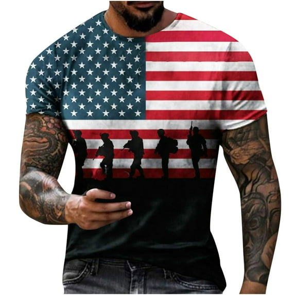 Lolmot Men's Tops Round Neck Pullover 3D Digital Flag Printing Fitness Sports Casual Shorts Sleeves T Shirt Blouse