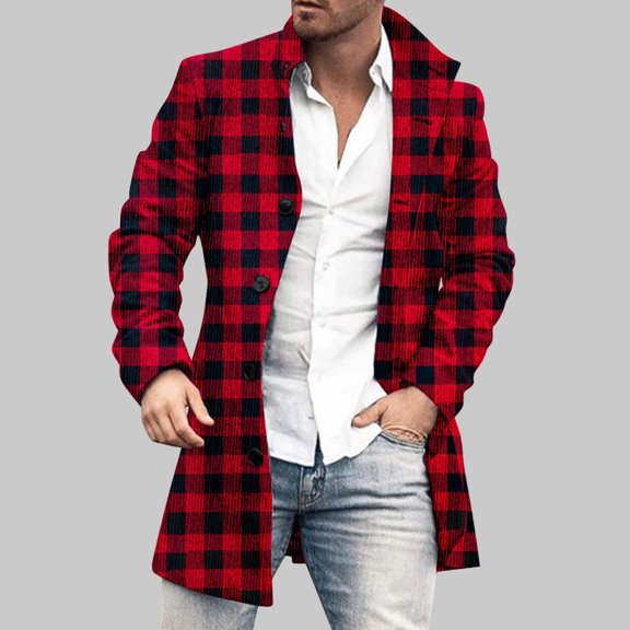 Lolmot Mens Buffalo Plaid Shirt Jacket Winter Warm Coat Slim Fit Long Sleeve Collar Wool Jacket Trench Coat Long Tops on Clearance