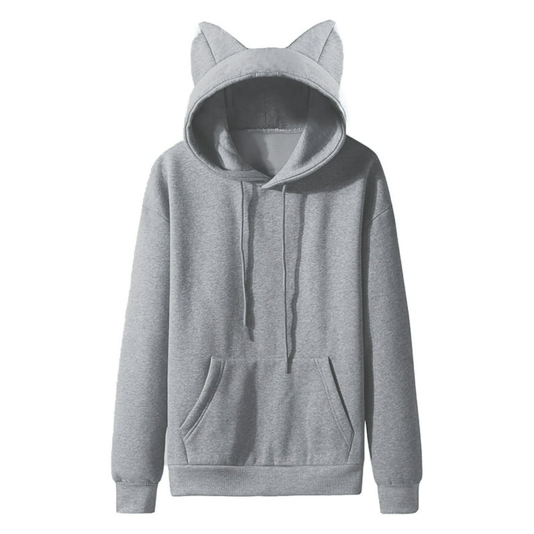 Lolmot Mens Cat Ears Hoodie Long Sleeve Fleece Sweatshirt Solid
