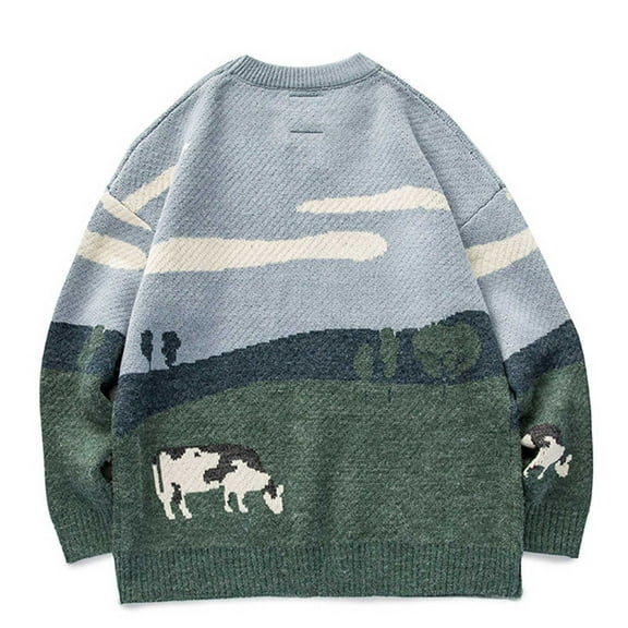 Lolmot Mens Cow Grassland Sweater Vintage Oversize Knitted Sweater Long Sleeve Round Neck Knitted Pullover Jumper
