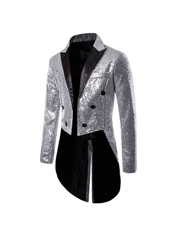 Lolmot Mens Sequin Tailcoat Swallowtail Suit Jacket Party Show Tux Dress Coat Blazer Suit Jacket Fashion Personality Shawl Lapel Club Show Tailcoat Wedding Banquet Blazers