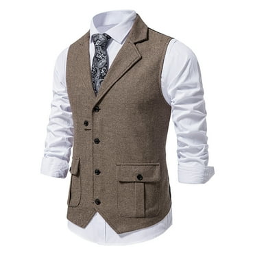 Lolmot Mens Western Herringbone Suit Vest Tweed Wool Blend Slim Fit Waistcoat Vintage Work Party Dress Waistcoat