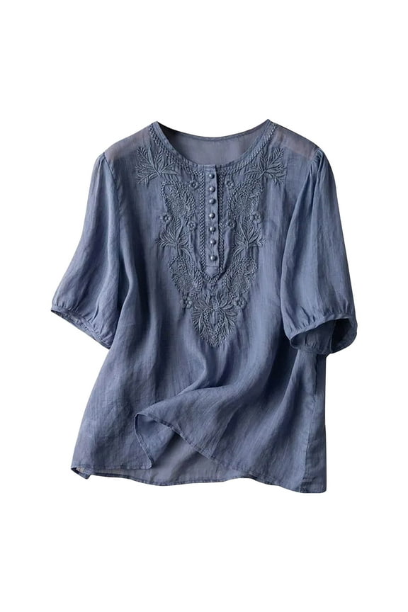 Lolmot Mexican Floral Embroidered Shirts for Women Boho Tops and Blouses Short Sleeve Bohemian Peasant Summer Fall Round Neck Cotton Linen Tunic Top T-Shirt