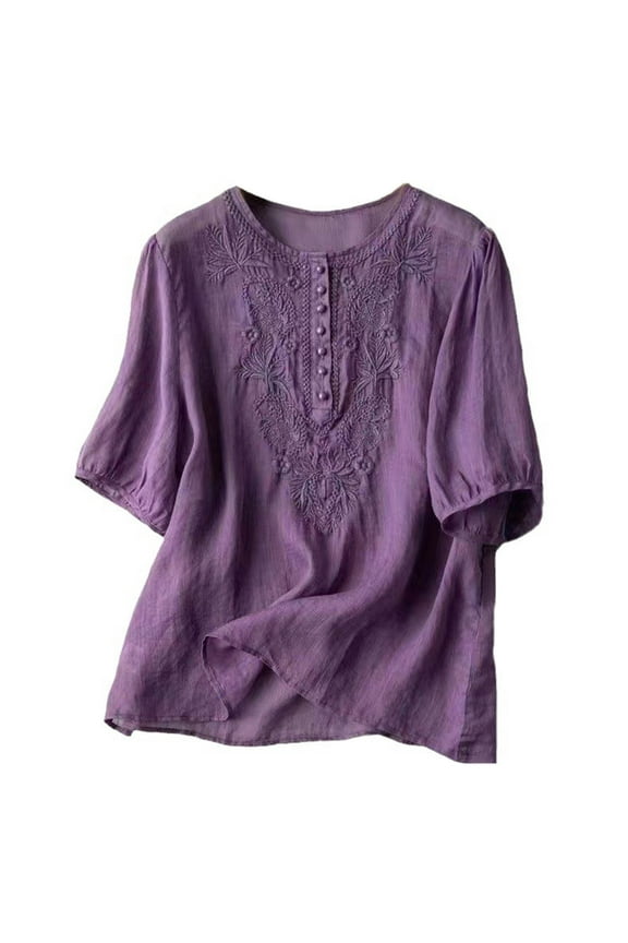 Lolmot Mexican Floral Embroidered Shirts for Women Boho Tops and Blouses Short Sleeve Bohemian Peasant Summer Fall Round Neck Cotton Linen Tunic Top T-Shirt