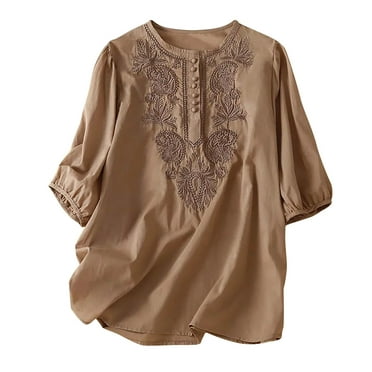 Lolmot Mexican Floral Embroidered Shirts for Women Boho Tops and Blouses Short Sleeve Bohemian Peasant Summer Fall Round Neck Cotton Linen Tunic Top T-Shirt