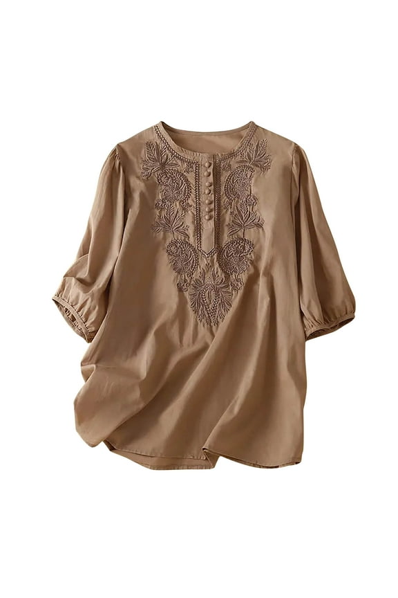 Lolmot Mexican Floral Embroidered Shirts for Women Boho Tops and Blouses Short Sleeve Bohemian Peasant Summer Fall Round Neck Cotton Linen Tunic Top T-Shirt