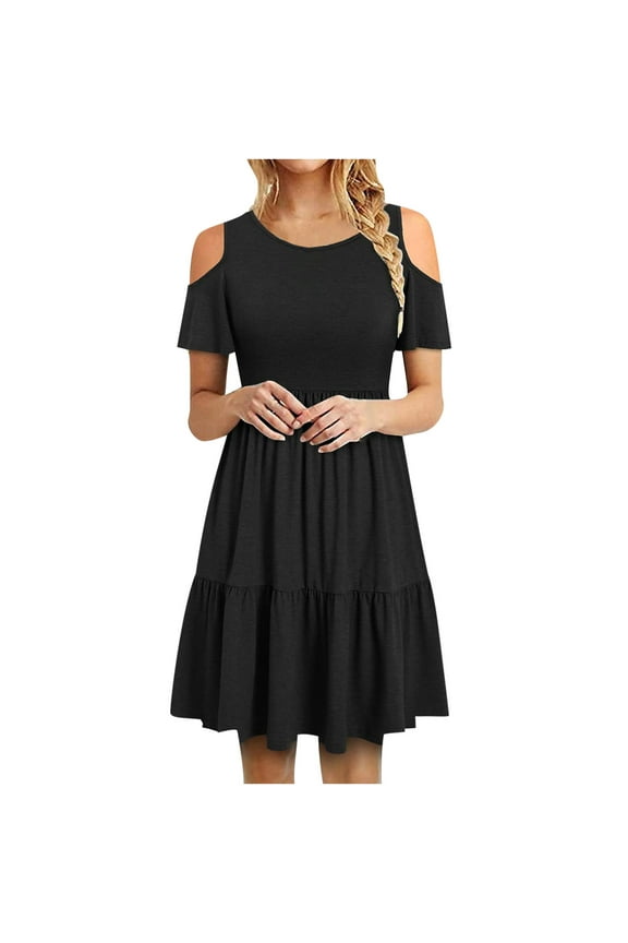 Lolmot Midi Dresses for Women Summer Short Sleeve Cold Shoulder Casual Solid Color T-Shirt Swing Dress