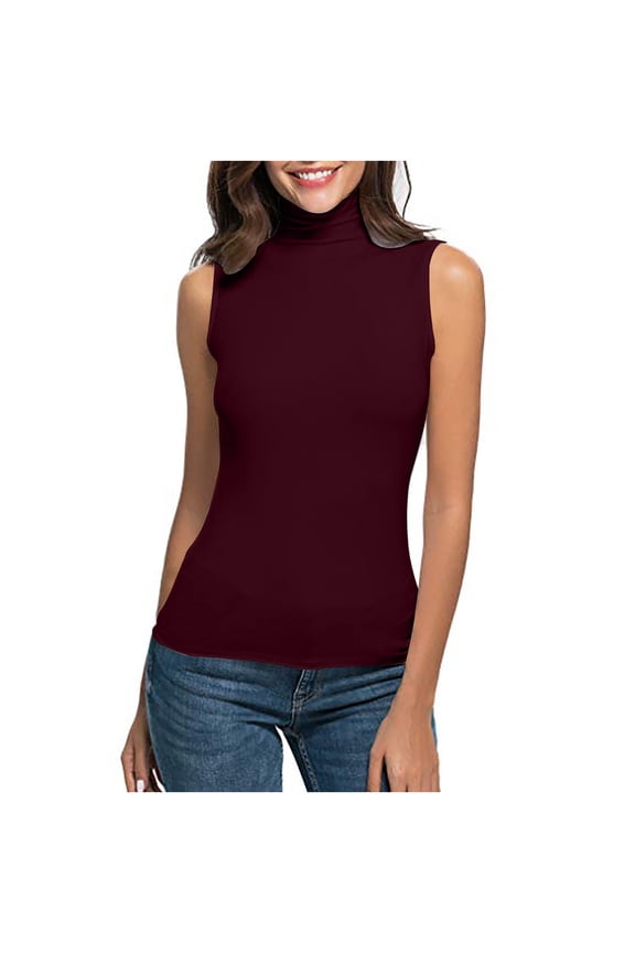 Lolmot Mock Neck Tops for Women Fashion Casual Solid Color Sleeveless Turtleneck Tee Shirt Blouse T-Shirt Top