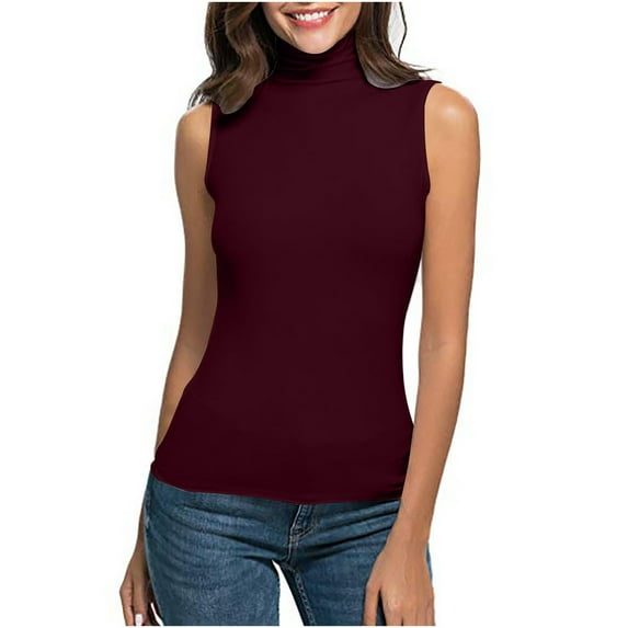 Lolmot Mock Neck Tops for Women Fashion Casual Solid Color Sleeveless Turtleneck Tee Shirt Blouse T-Shirt Top