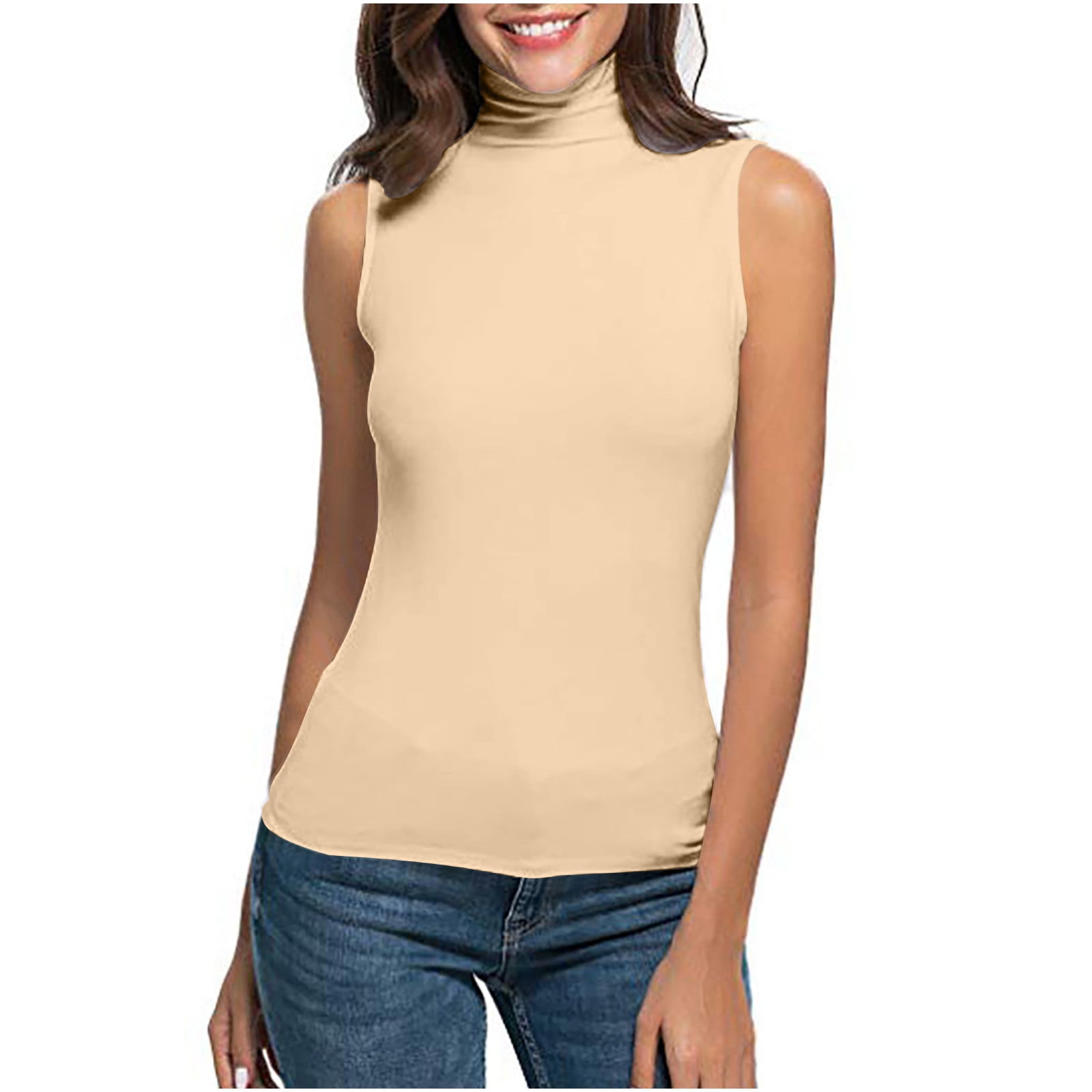 Lolmot Mock Neck Tops for Women Fashion Casual Solid Color Sleeveless ...