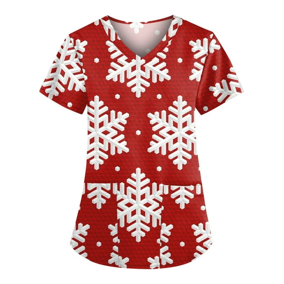 Lolmot Nurse Uniforms for Women Classy Short Sleeve V-Neck Breathable Shirt Casual Christmas Pattern Oversize Tops Workwear with Pockets