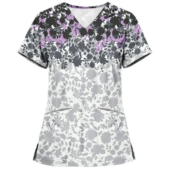 Lolmot Nurse Uniforms for Women Cute Print Short Sleeve Medical Scrub Tops V-Neck Stretch Tshirts Working Uniform with Pockets