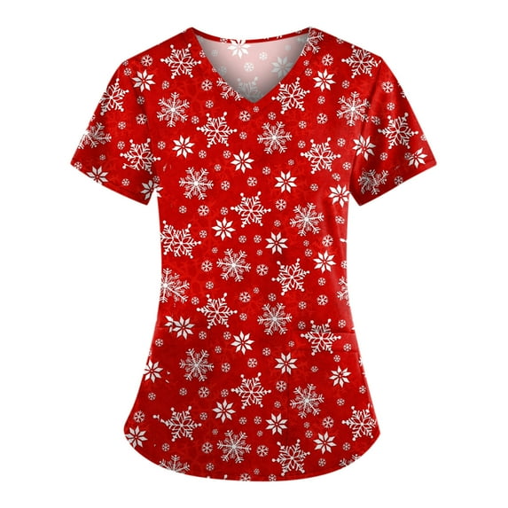 Lolmot Nurse Working Uniforms for Women Christmas Print Scrubs_Tops Summer Medical Scrub_Shirts V-Neck Short Sleeve Holiday Scrub with Pockets