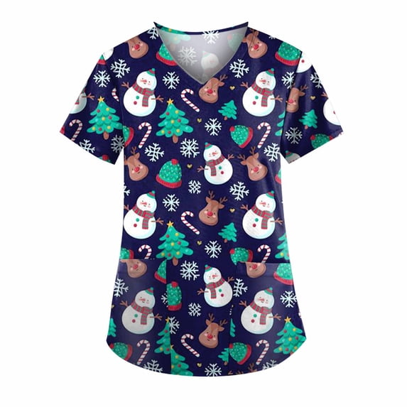 Lolmot Nurse Working Uniforms for Women Christmas Print Scrubs_Tops Summer Medical Scrub_Shirts V-Neck Short Sleeve Holiday Scrub with Pockets