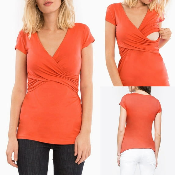 Lolmot Nursing Tops for Women Short Sleeve V Neck Wrap Cross Breastfeeding Tee Shirt Pregnancy Shirt Casual Mama Clothes