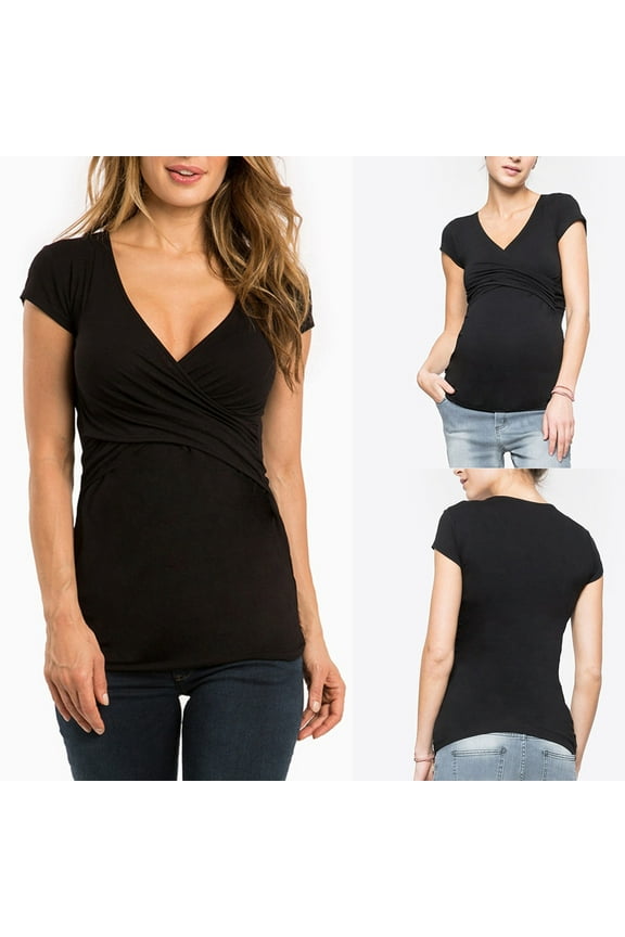 Lolmot Nursing Tops for Women Short Sleeve V Neck Wrap Cross Breastfeeding Tee Shirt Pregnancy Shirt Casual Mama Clothes
