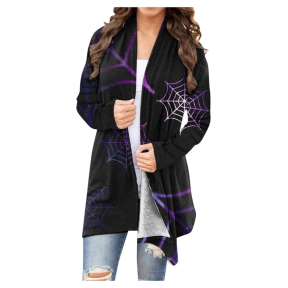 Lolmot Open Front Cardigan for Women Fall Fashion Casual Long-Sleeved Halloween Print Medium Length Lightweight Cardigan Jacket Coat Jackets