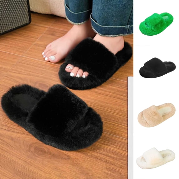 Lolmot Open Toe Fuzzy Slides for Women Trendy Soft Plush Slippers Non Slip Slip On Bedroom Shoes Indoor Outdoor