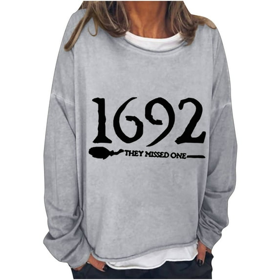 Lolmot Oversized Sweatshirt for Women 1692 They Missed One Sweatshirt Halloween Funny Vintage Letter Print Pullover Sweatshirt Casual Long Sleeve Crew Neck Pullover Tops