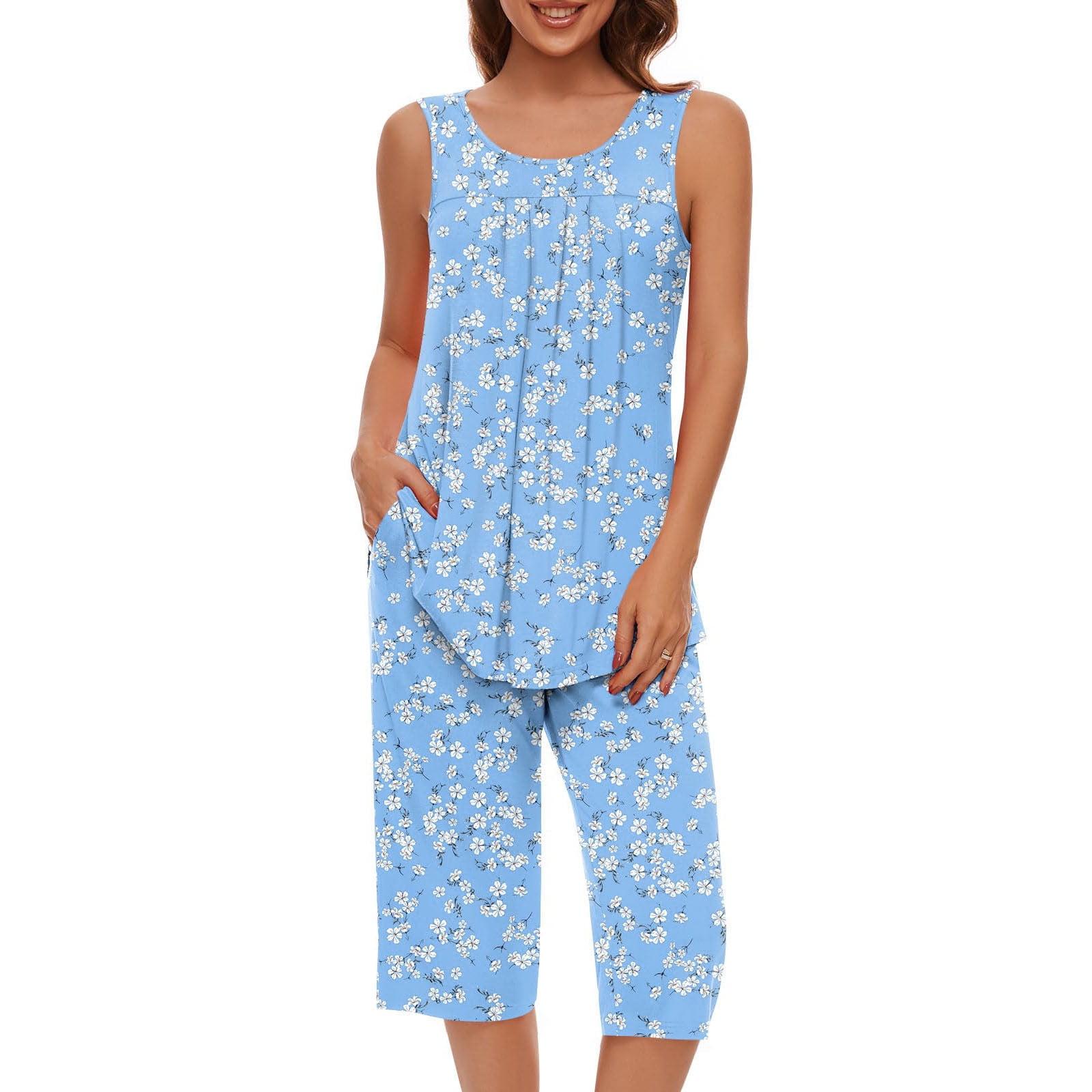 NACHILA Women's Bamboo Viscose Pajama Set - Sleeveless Tank Top & Capri Pants, Cool & Silky Sleepwear