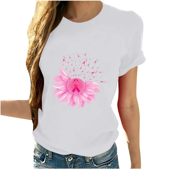 Lolmot Peace Love Cure Inspirational Letters Print Shirt for Women October Pink Ribbon Breast Cancer Awareness Pullover T-Shirt Tops