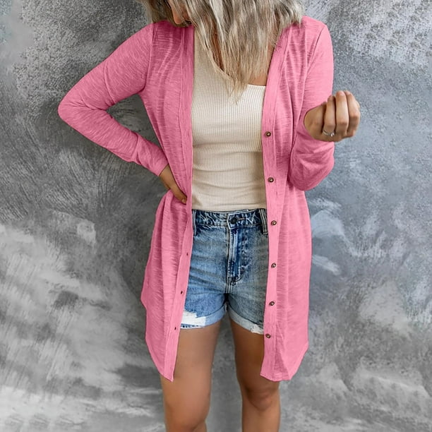 Lolmot Pink Cardigans for Women Loose Lightweight Cardigan Business Casual Tops Solid Color Soft Button Down Plus Size Long Sleeve Cardigan on