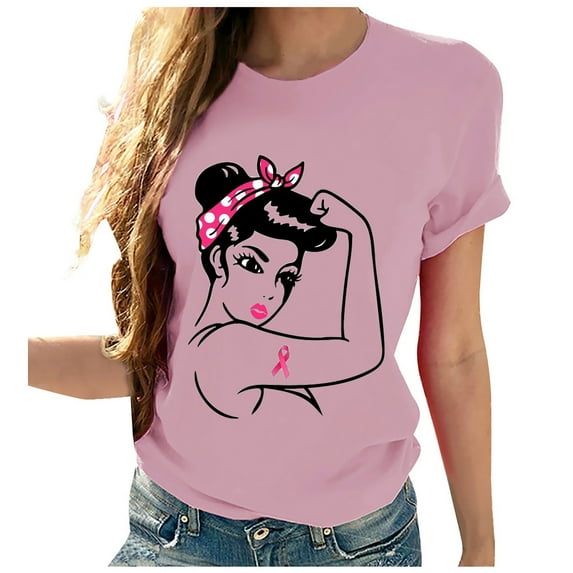 Lolmot Pink Ribbon Shirt for Women Breast Cancer Awareness T-Shirt Cancer Fighter Tees Motivational Round Neck Short Sleeve Tops