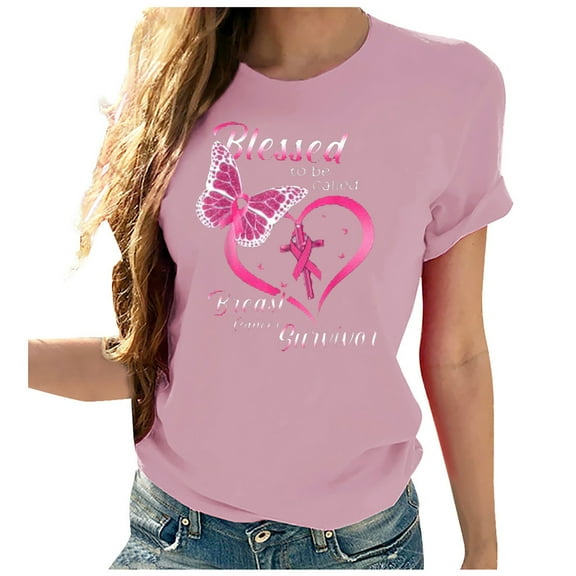 Lolmot Pink Ribbon Shirts for Women Breast Cancer Awareness T-Shirt Blessed to be Called Breast Cancer Survivor Inspirational Letter Print Breast Cancer Short Sleeve Tee Tops
