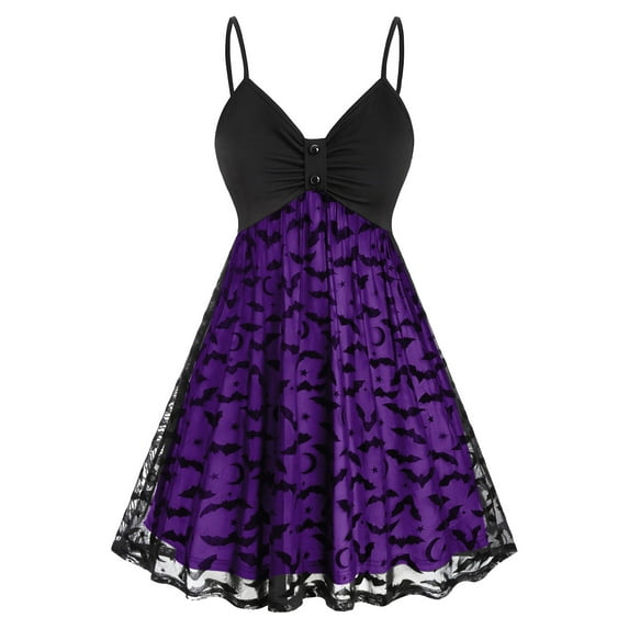 Lolmot Plus Size Dress for Women Gothic Dress Halloween Vintage Bat Lace Embroidery Spaghetti Strap Dress Festival Dress