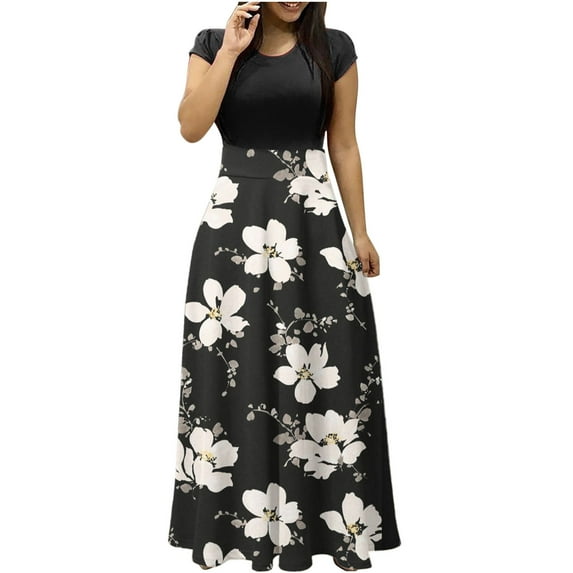 Lolmot Plus Size Dress for Women Short Sleeve Loose Plain Casual Fashion Long Maxi Dresses Floral Print Patchwork Party Dresses